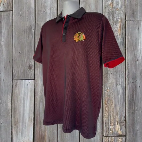 Antigua Chicago Blackhawks Polo Shirt Men’s Size M | Red & Black Dotted Pattern - Picture 3 of 7